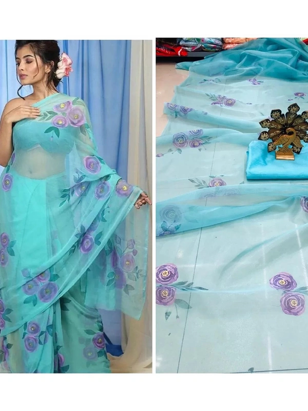 Sea green floral printed organza saree