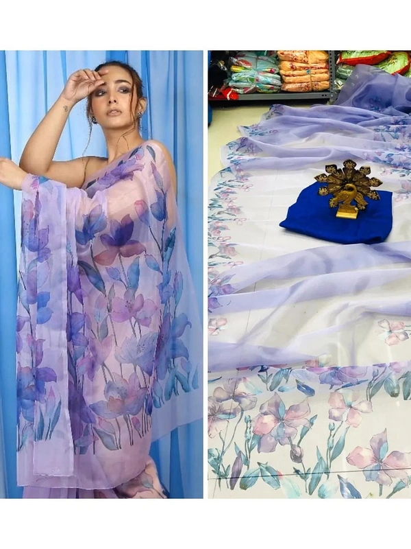 Purple floral printed organza saree