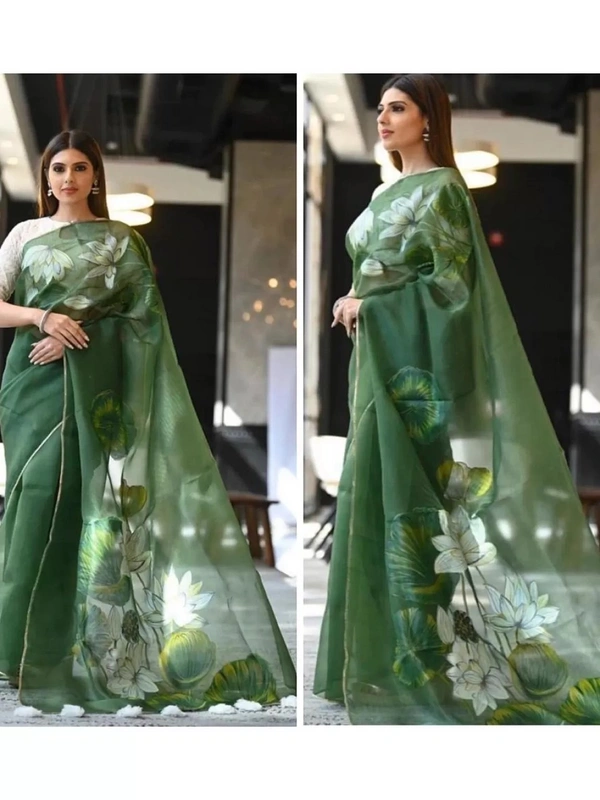 Green floral printed organza saree