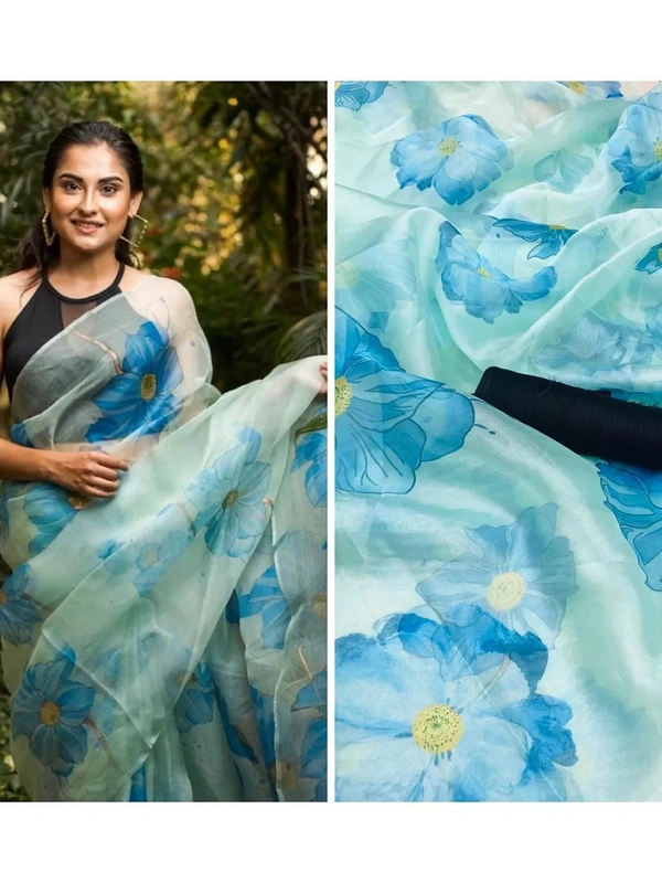 Sea green floral printed organza saree
