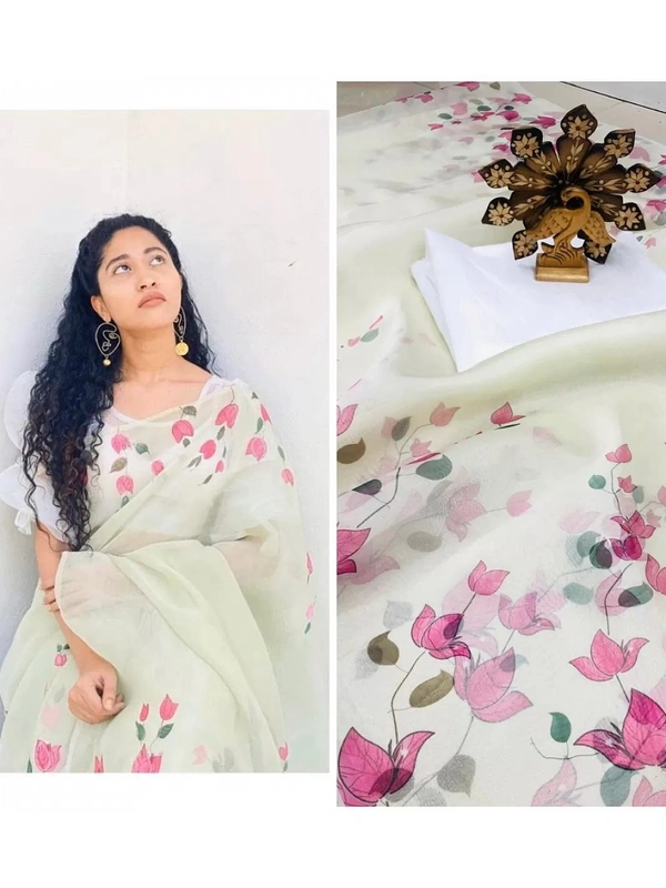 Off white floral printed organza saree