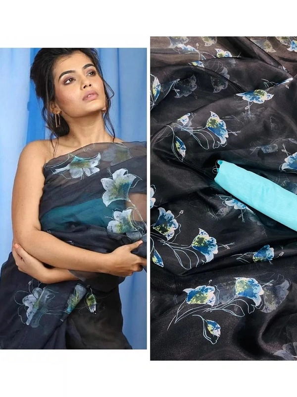 Black floral printed organza saree