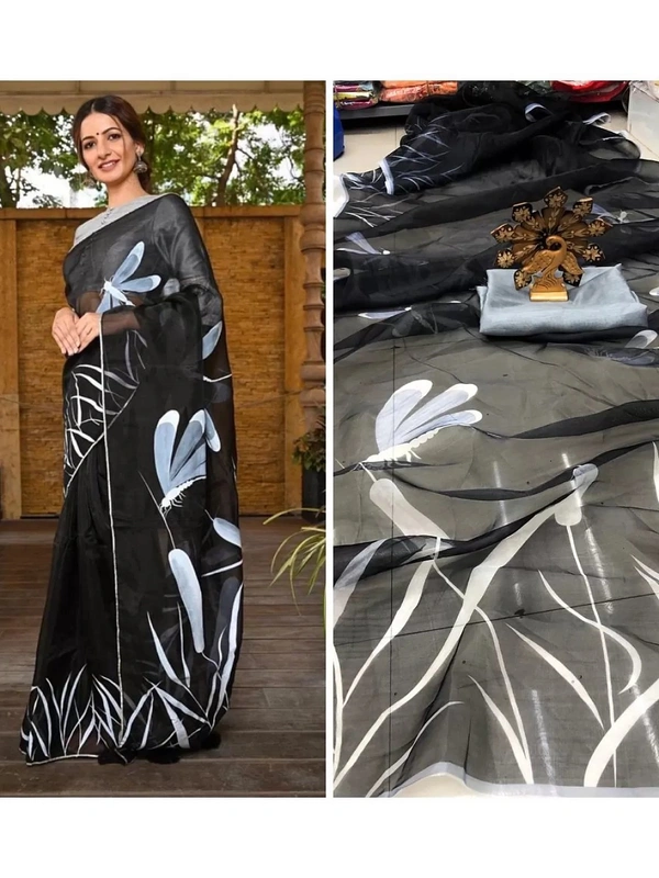 Black printed organza saree