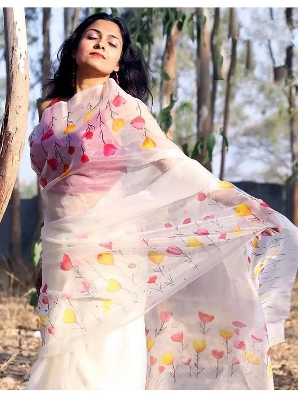 White multicolor floral printed organza saree