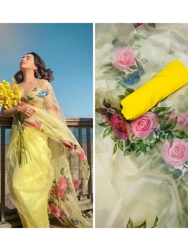 Yellow pink rose printed organza saree