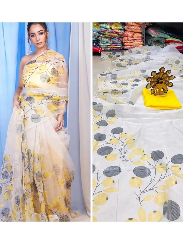 White organza yellow and grey leaf printed saree