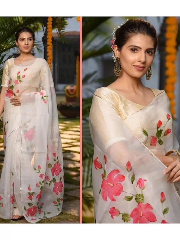 White floral printed organza saree