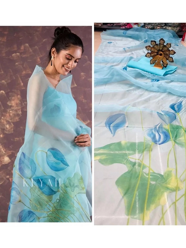 Sky blue organza digital floral printed saree