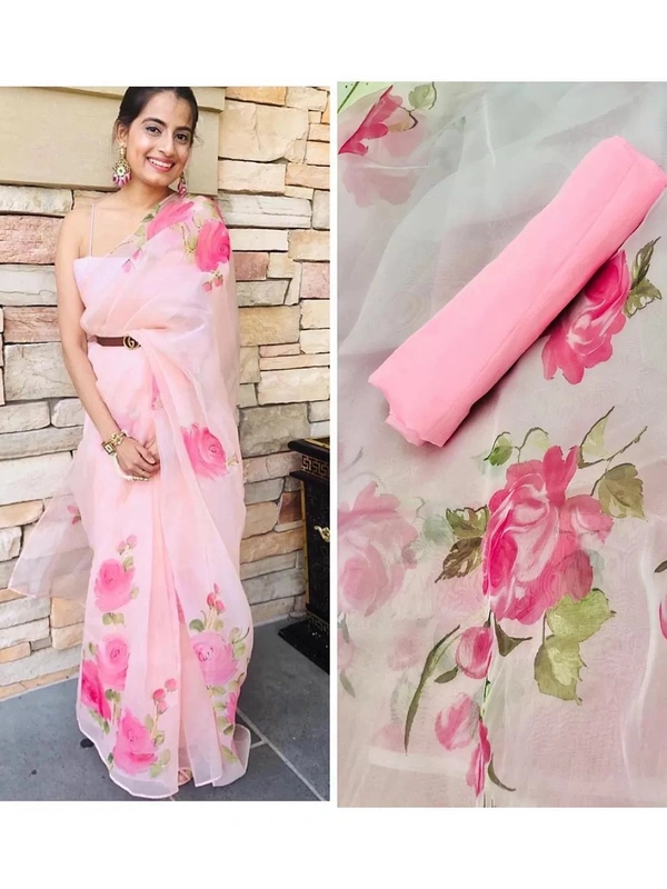 Baby pink organza digital floral printed saree