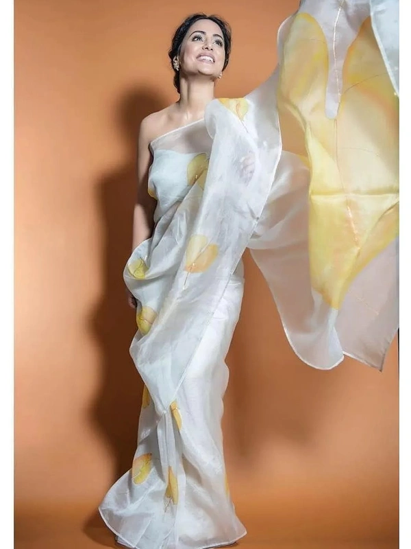 White organza yellow leaf printed saree