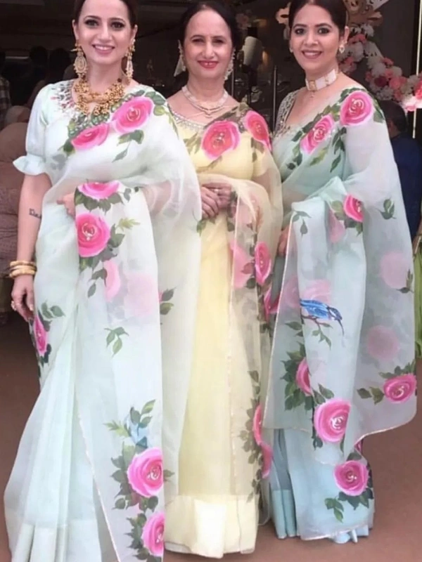 white yellow skyblue Floral printed organza saree
