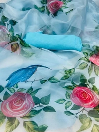 white yellow skyblue Floral printed organza saree