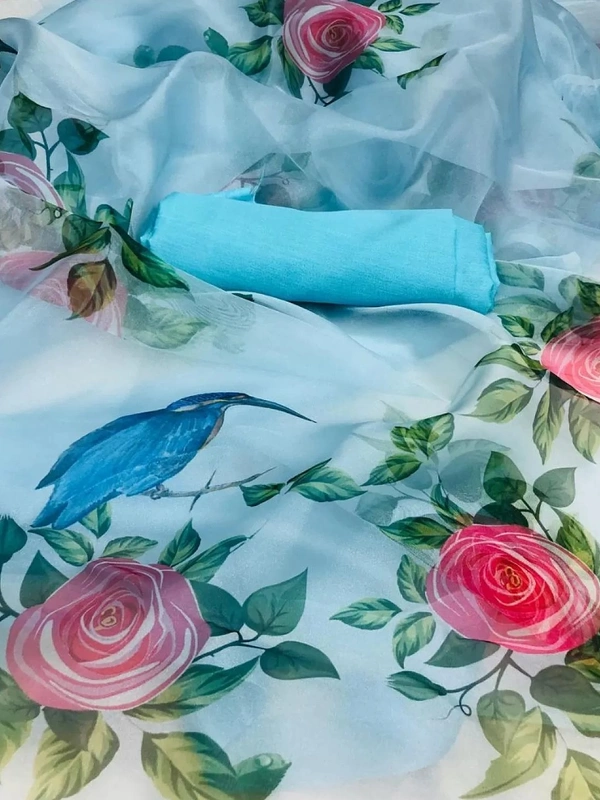 white yellow skyblue Floral printed organza saree