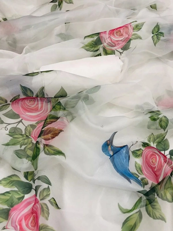white yellow skyblue Floral printed organza saree