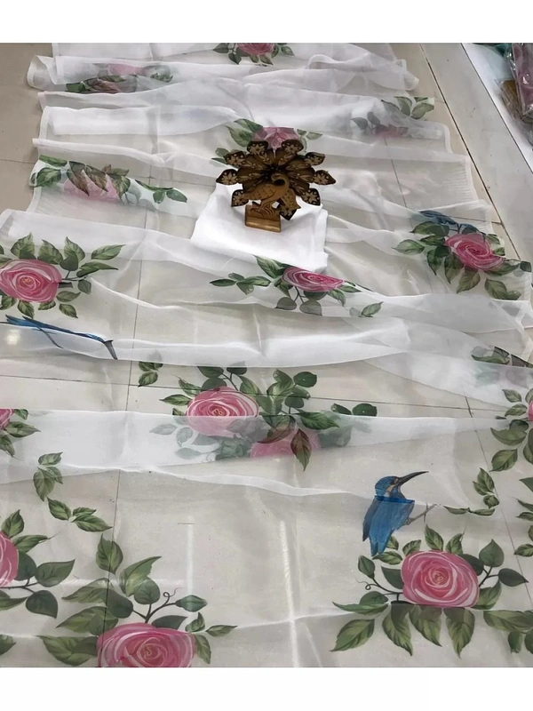 white yellow skyblue Floral printed organza saree