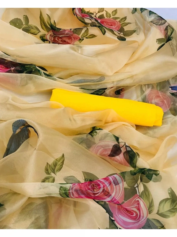 white yellow skyblue Floral printed organza saree