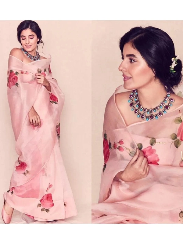 Peach moss organza floral printed saree