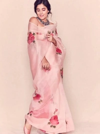 Peach moss organza floral printed saree