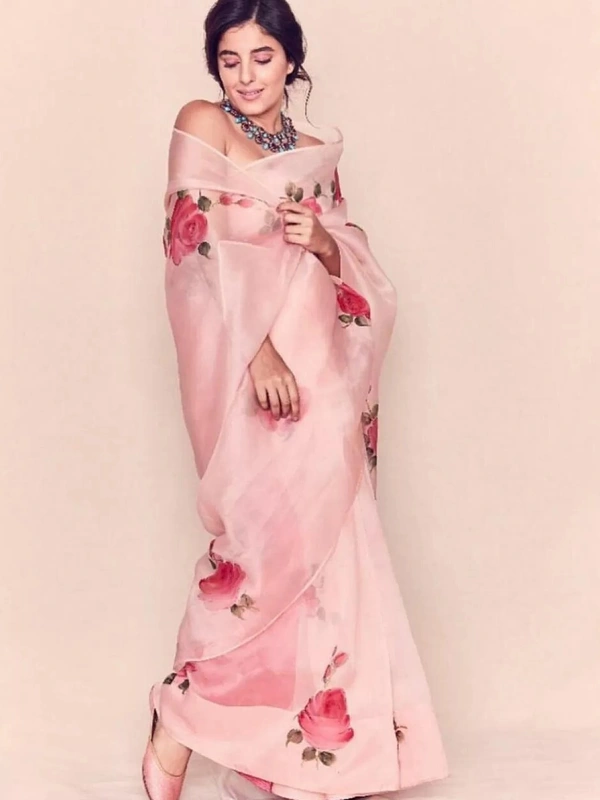 Peach moss organza floral printed saree