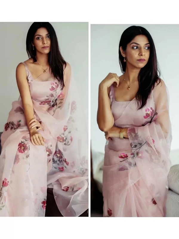 Dusty rose pink organza silk floral printed saree