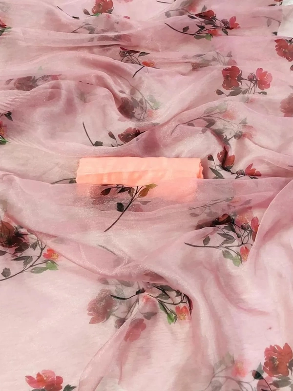 Dusty rose pink organza silk floral printed saree