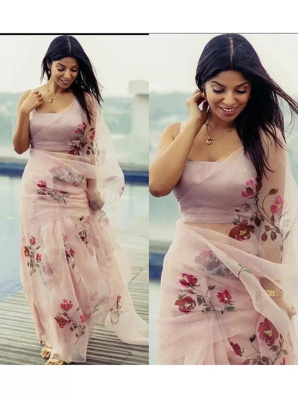 Dusty rose pink organza silk floral printed saree