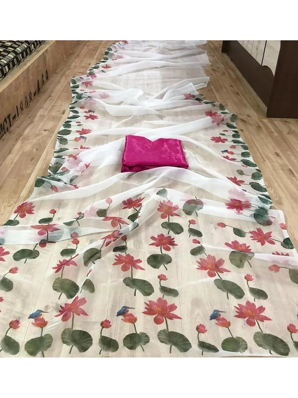 White organza silk digital floral printed saree