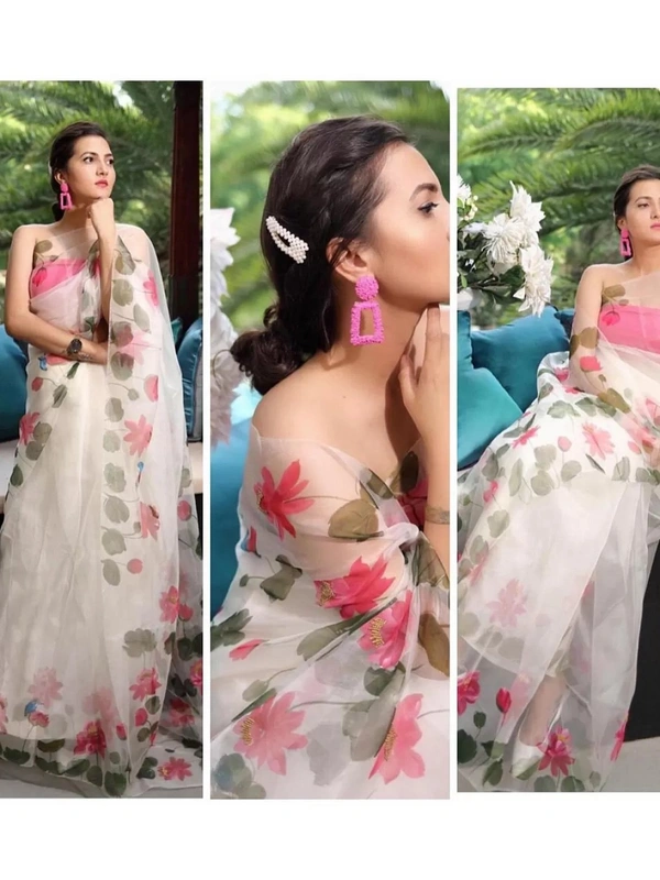 White organza silk digital floral printed saree