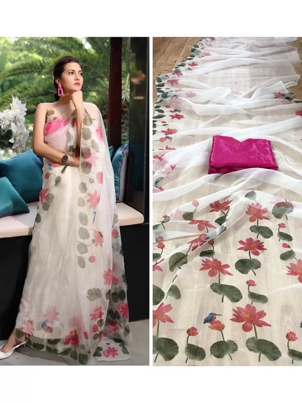 White organza silk digital floral printed saree