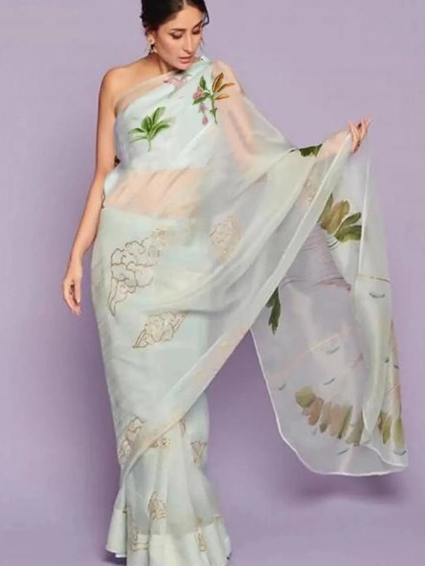 Sea green organza silk digital printed designer saree