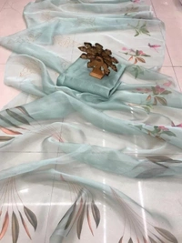 Sea green organza silk digital printed designer saree