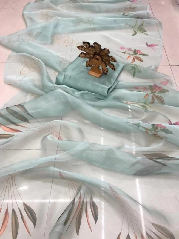 Sea green organza silk digital printed designer saree