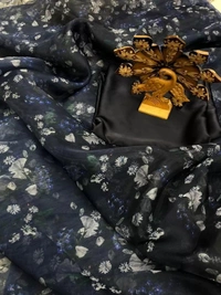 Black organza silk floral printed designer saree