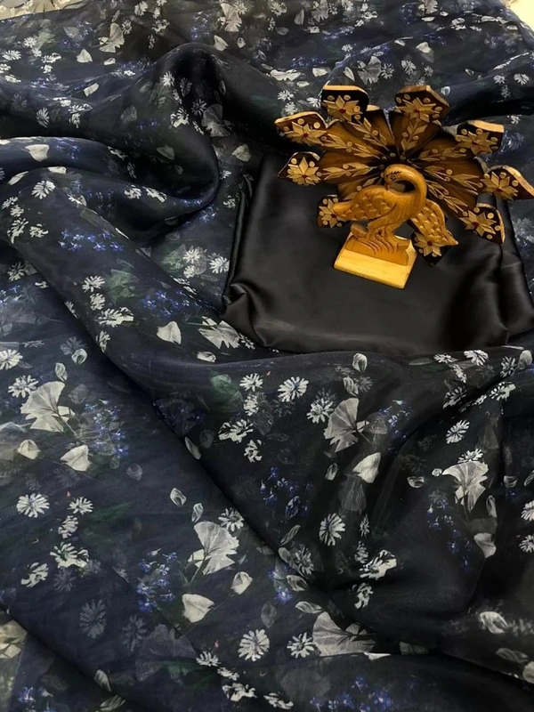 Black organza silk floral printed designer saree