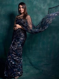 Black organza silk floral printed designer saree