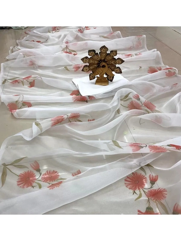 white organza silk red floral printed saree