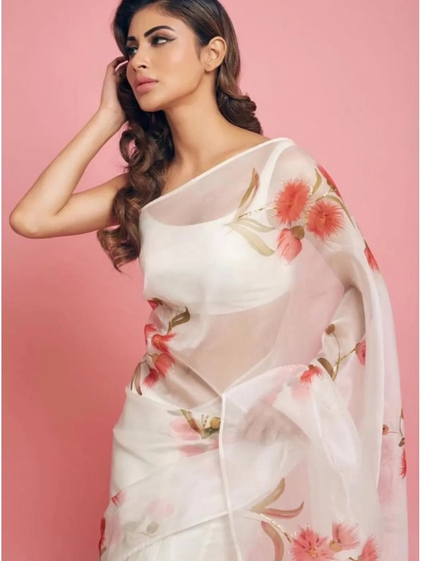 white organza silk red floral printed saree