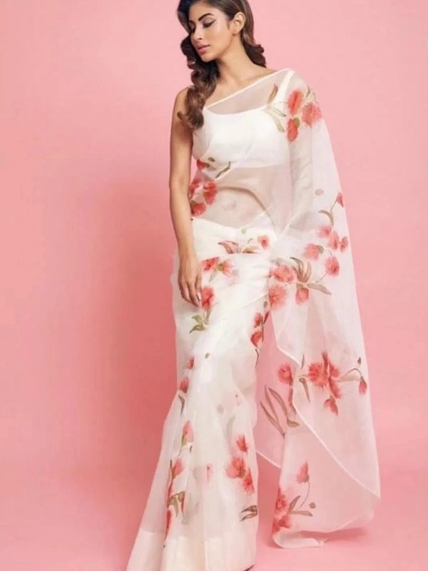 white organza silk red floral printed saree