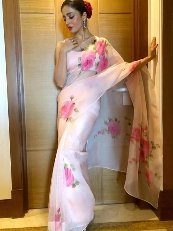 Baby pink organza silk floral printed saree