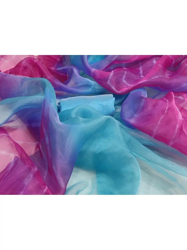 sky blue and pink multi colored heavy moss organza digital printed saree