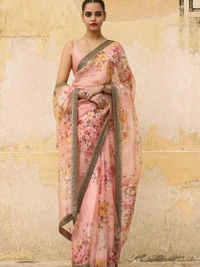 Sea green organza silk floral digital printed ceremonial saree