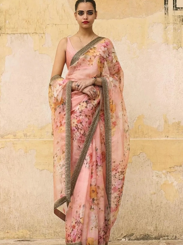 Sea green organza silk floral digital printed ceremonial saree