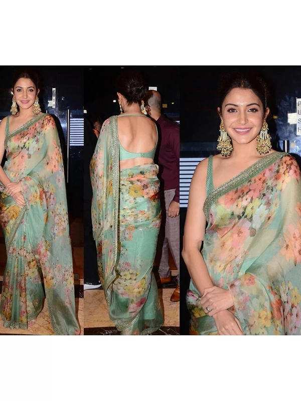 Sea green organza silk floral digital printed ceremonial saree