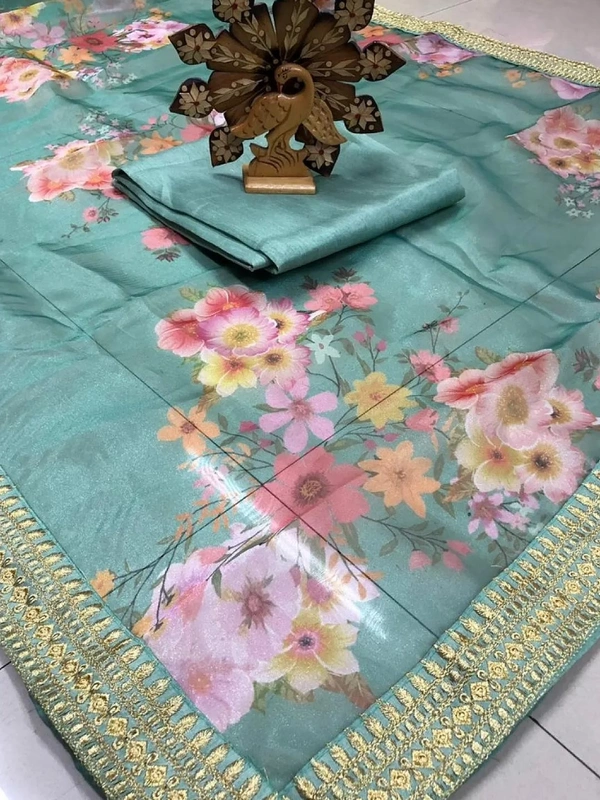 Sea green organza silk floral digital printed ceremonial saree