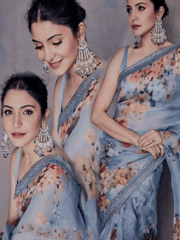 Sea green organza silk floral digital printed ceremonial saree