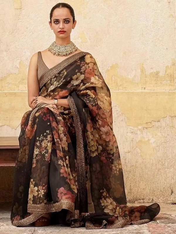 Sea green organza silk floral digital printed ceremonial saree