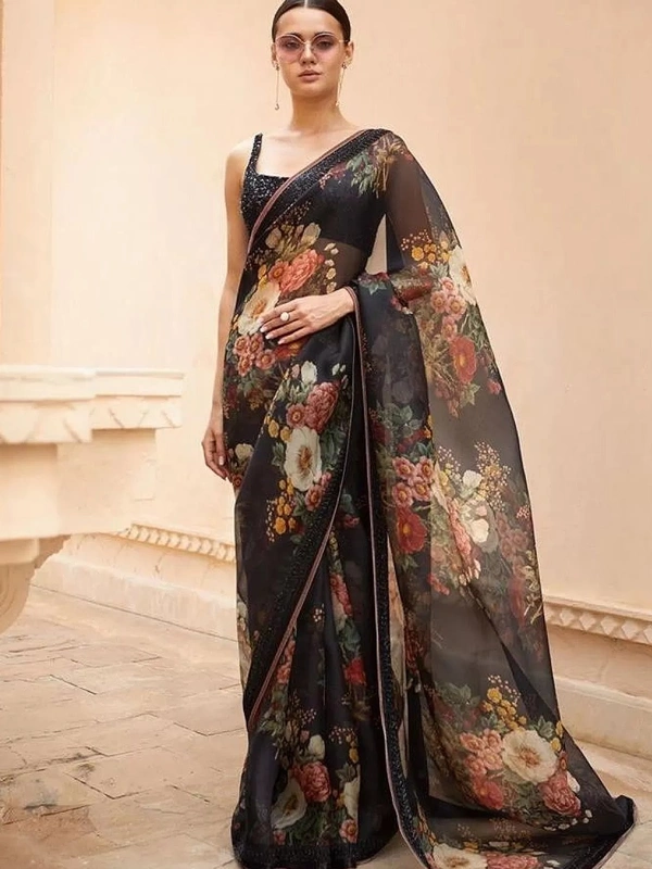 Black orgenza floral printed designer partywear saree