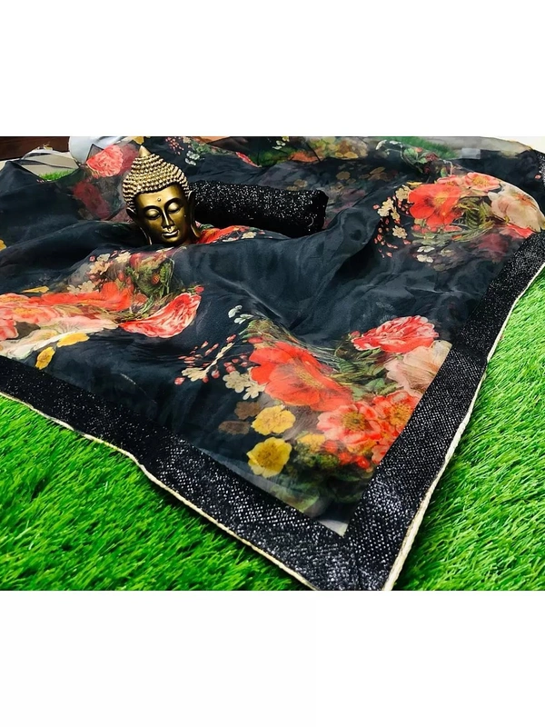 Black orgenza floral printed designer partywear saree