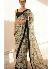 White flower printed pure orgenza designer saree with sequence work blouse