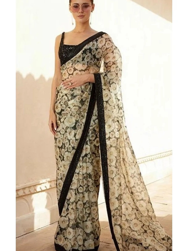 White flower printed pure orgenza designer saree with sequence work blouse